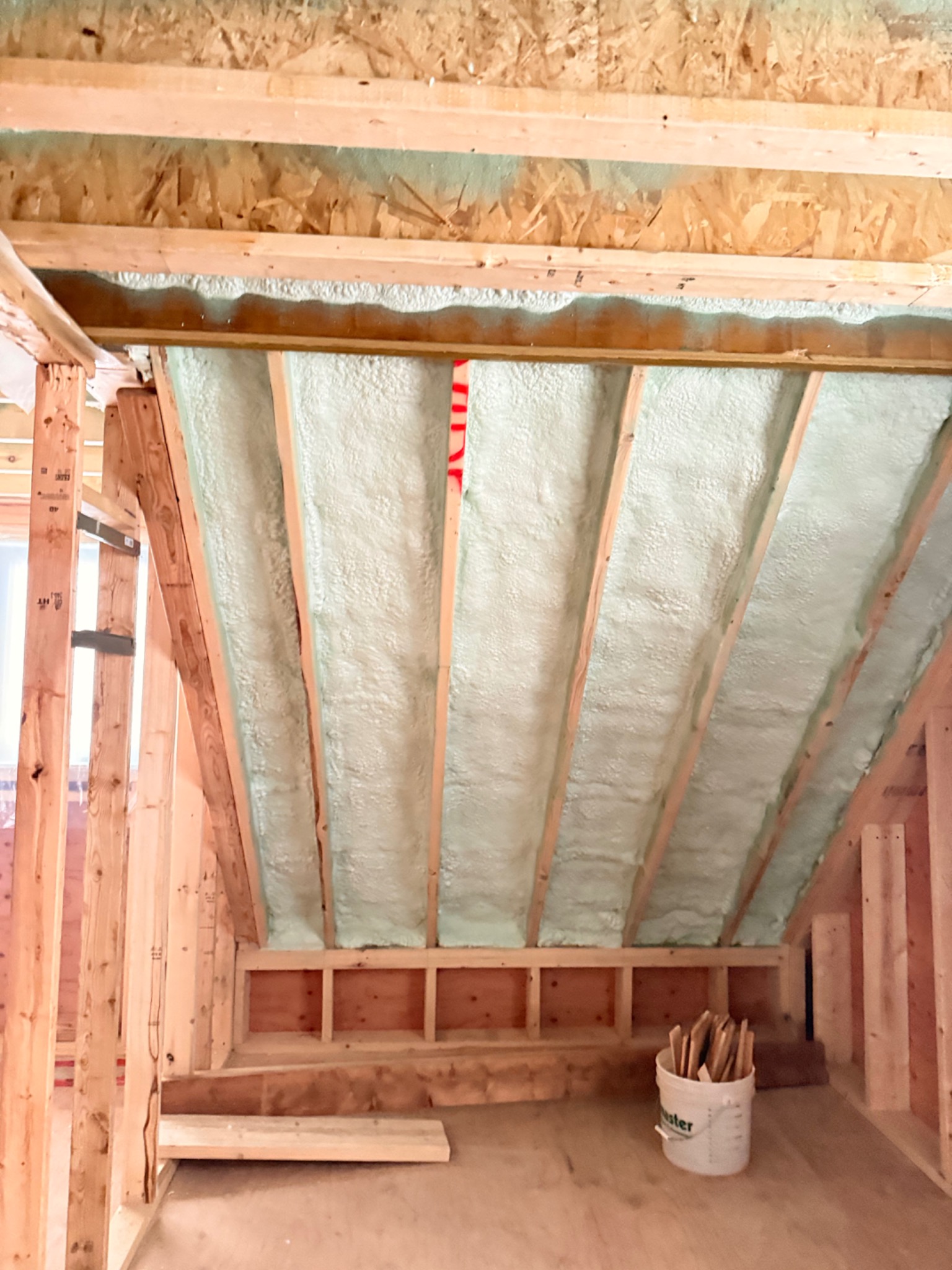 Spray-applied insulation installed continuously between sloped roof framing